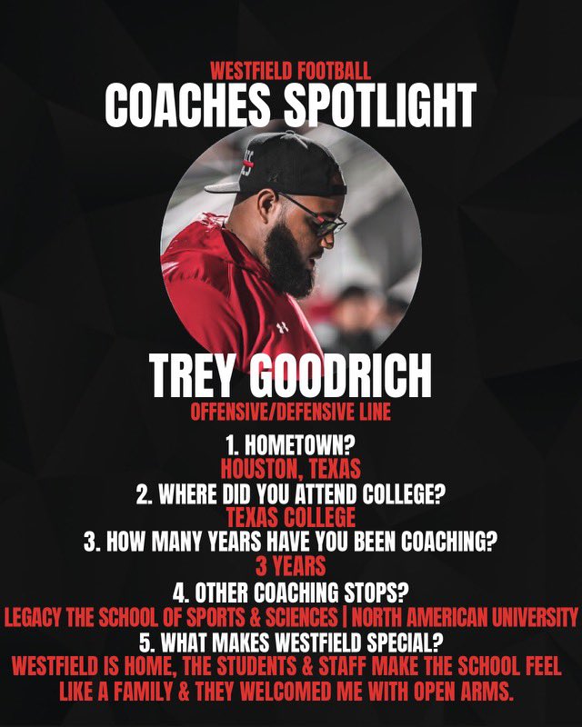 🏈 Coaches Spotlight 💡 We visit another former player of the mustangs! @TreyGoodrich is in his first season at Westfield & he has hit the ground running! Coach Goodrich works with both freshmen Off & Def lines. He has a passion for Mustang success! Give him a follow!!