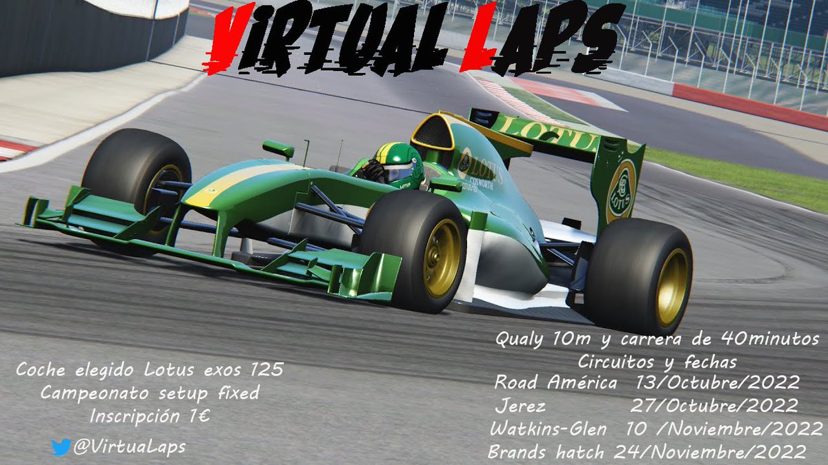 VirtualLaps's tweet image. Os presentamos el que será el nuevo campeonato que hemos organizado con comienzo en octubre y terminando en noviembre consta de 4 carreras cada 2 semanas de 40m cada carrera  con el formula Lotus exos 125 docs.google.com/document/d/1TD…