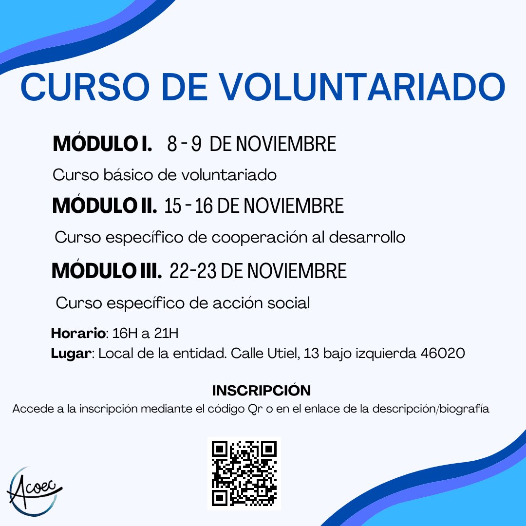 AcoecOngd's tweet photo. 📢📢📢¡Vuelve el curso de voluntariado!  

🗓️6 sesiones en noviembre (30 horas)
📍Local de ACOEC. Calle Utiel, 13 bajo izquierda. 
 📝 Te puedes inscribir escaneando el código QR o pinchando en el siguiente enlace:
 🔗 https://t.co/pgnyVYhPCW https://t.co/lINKsSJPOA