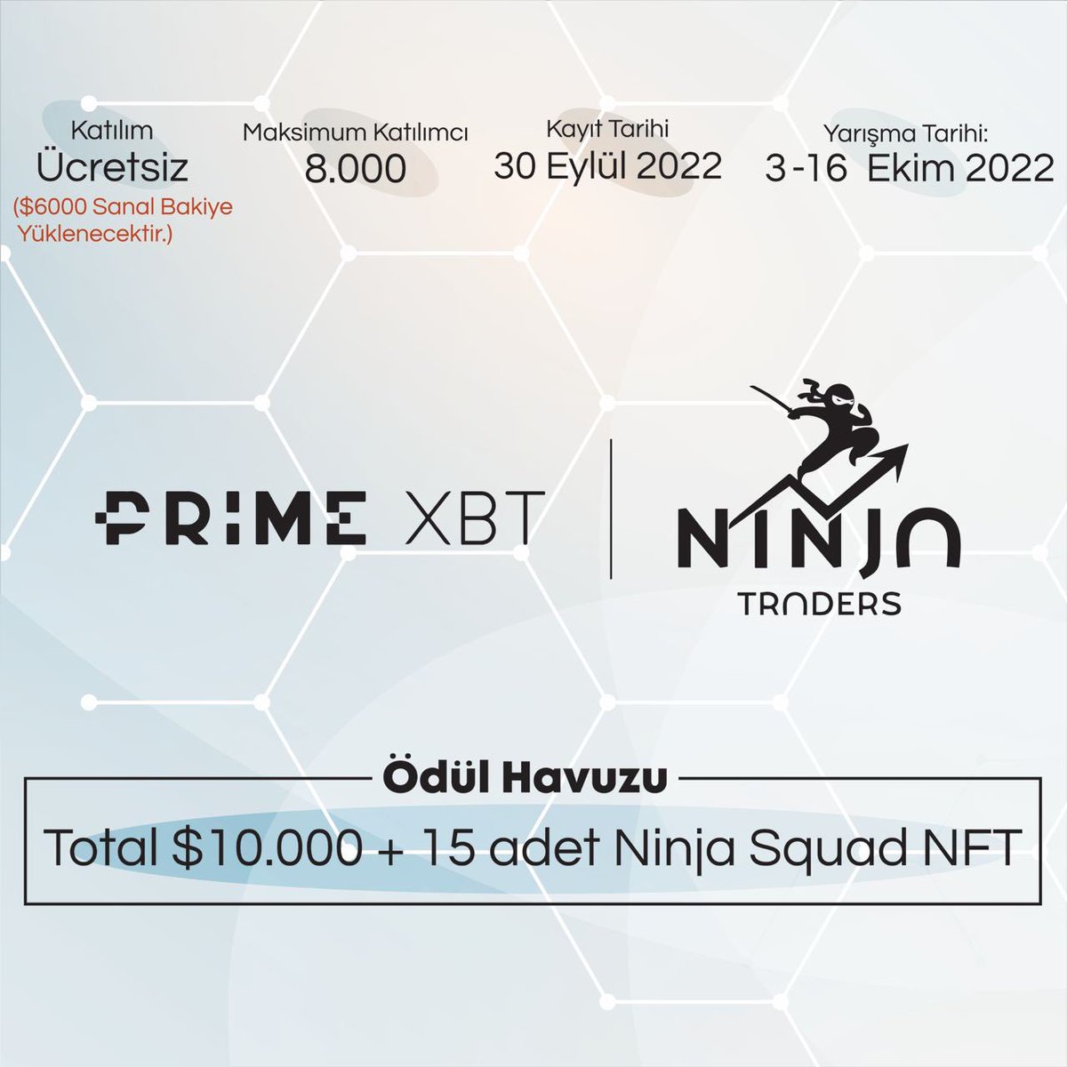 Sevgili Ninjalar, Sizler için PARA YATIRMADAN katılabileceğiniz bir trade yarışması anlaşması yaptığımızı duyurmak istiyoruz. PrimeXBT borsasının düzenlediği yarışmada yarışmacılara $6000 sanal bakiye yüklenecektir.