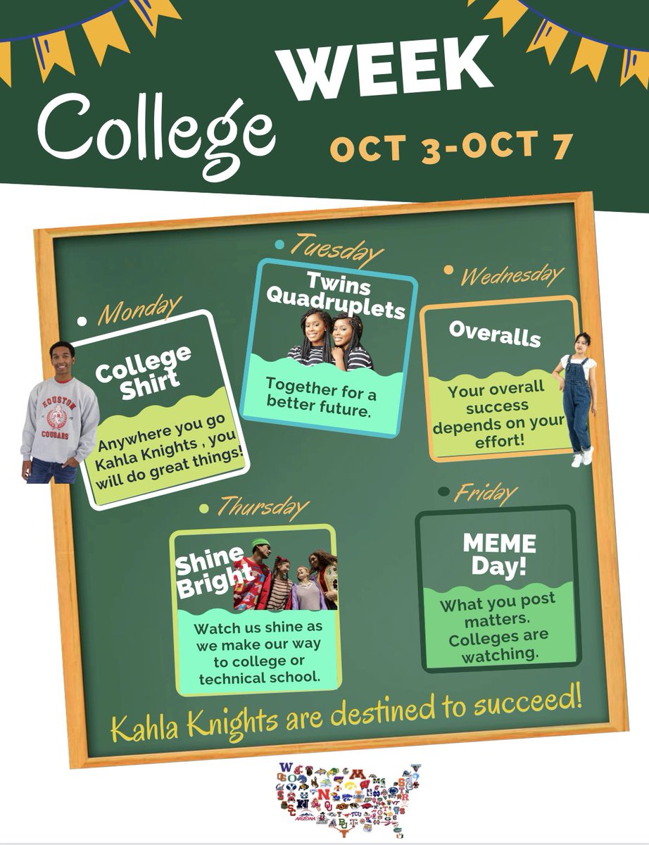 🟢🟡College Week is next week ! Here are our themes for the week <a href="/kahlams/">Kahla Middle School</a> !! Participate and earn some UNITY PBIS Quest Points ! 🟡🟢