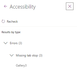 LowCodeJim's tweet photo. Power Apps peeps out there can you tell me why a gallery needs to have a tab stop? Even if there is just a label in it? Seems odd it needs to be "tabable" in this situation. This is based on the accessibility checker's output. #PowerApps #PowerPlatform #accessibility https://t.co/BrkkmkURIV