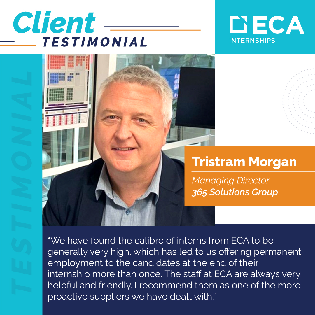 EcaInternships's tweet image. Here is what Tristram Morgan, Managing Director, 365 Solutions Group, one of our partners, has to say about ECA internships.

#ecainternships #eca #australiainternship #australia #intern #internship #hostcompany #hostcompanyaustralia #365solutionsgroup