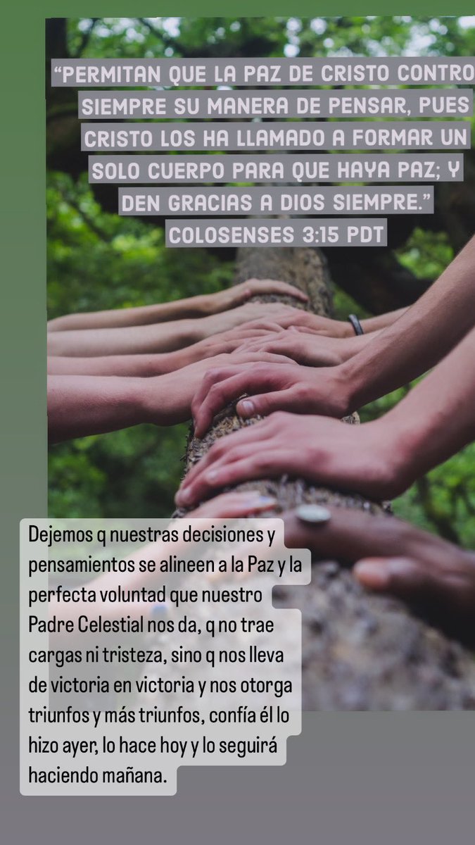 andrescampoc's tweet photo. “Permitan que la paz de Cristo controle siempre su manera de pensar, pues Cristo los ha llamado a formar un solo cuerpo para que haya paz; y den gracias a Dios siempre.”
Colosenses 3:15 PDT
https://t.co/c6ueZyxnyN https://t.co/C5iR2G3cHf