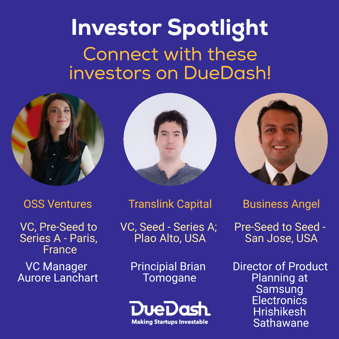 duedash_network's tweet photo. Check out these investors on DueDash:

🤝 @translink_cap - VC - Palo Alto, USA - Brian Tomogane - https://t.co/OupEeS4WMM 

🤝 @OSSVentures - VC - Paris, France - @Auroreserete - https://t.co/2lScZDPs4p 

🤝 Business Angel - San Jose, USA - @hmsathawane - https://t.co/Ennif1jCtK https://t.co/7cN4hQCLWI