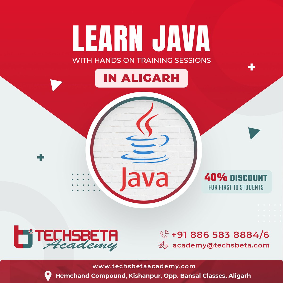 Techsbtaacademy's tweet image. New Program Alert in Aligarh! 
Our java Course is designed for students and professionals who want to be Java developers
 Join #Techsbetaacademy and Get admission to our Excellent. 
40% discount for the first 10 Students
Call: 𝟖𝟖𝟔𝟓𝟖𝟑𝟖𝟖𝟖𝟒
#courses #Aligarhcity #amu