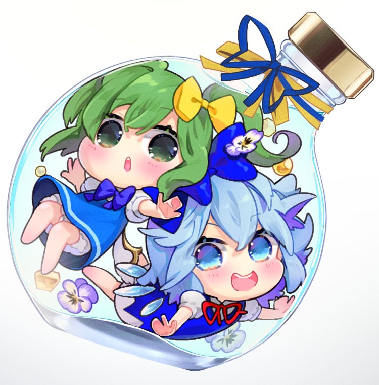 cirno ,daiyousei multiple girls 2girls blue hair blue eyes wings green hair green eyes  illustration images