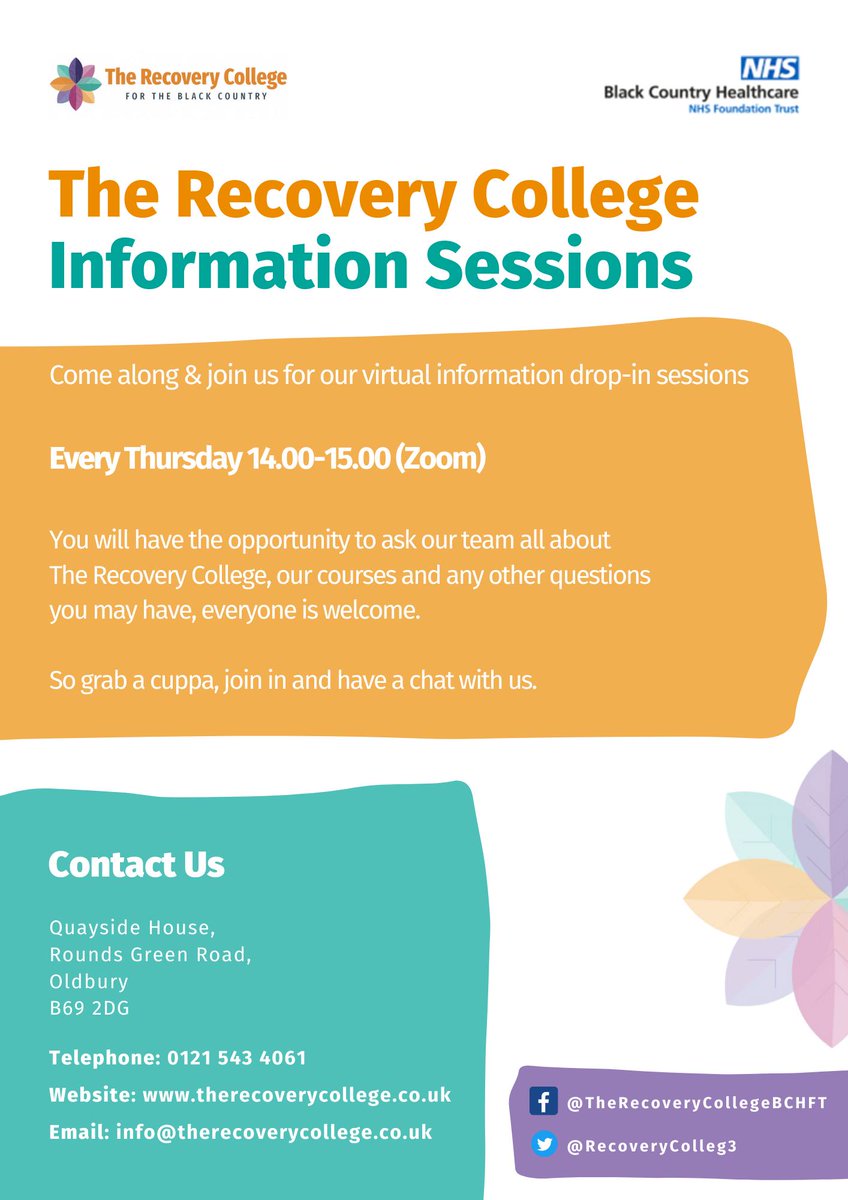 RecoveryColleg3's tweet photo. ✨The Recovery Colleges virtual drop-in info session is today (2pm-3pm). ✨
These sessions will explain the support &amp; services we provide, how to enrol &amp; answer any other questions you may have.
To reserve a place, please contact our team on 0121 543 4061
#therecoverycollege https://t.co/hNAbyRGkZx