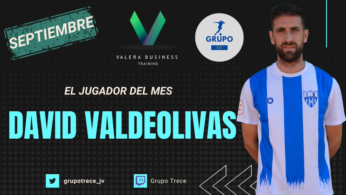 GrupoTrece_jv's tweet photo. Y en el mes de Septiembre el jugador que mejor ha liderado a su equipo ha sido @Dvaldeescavy de @fclaunionatl con 4 goles en tres jornadas. Con el patrocinio de @ValeraBusiness 
Enhorabuena David. https://t.co/NrEMbSCtdV