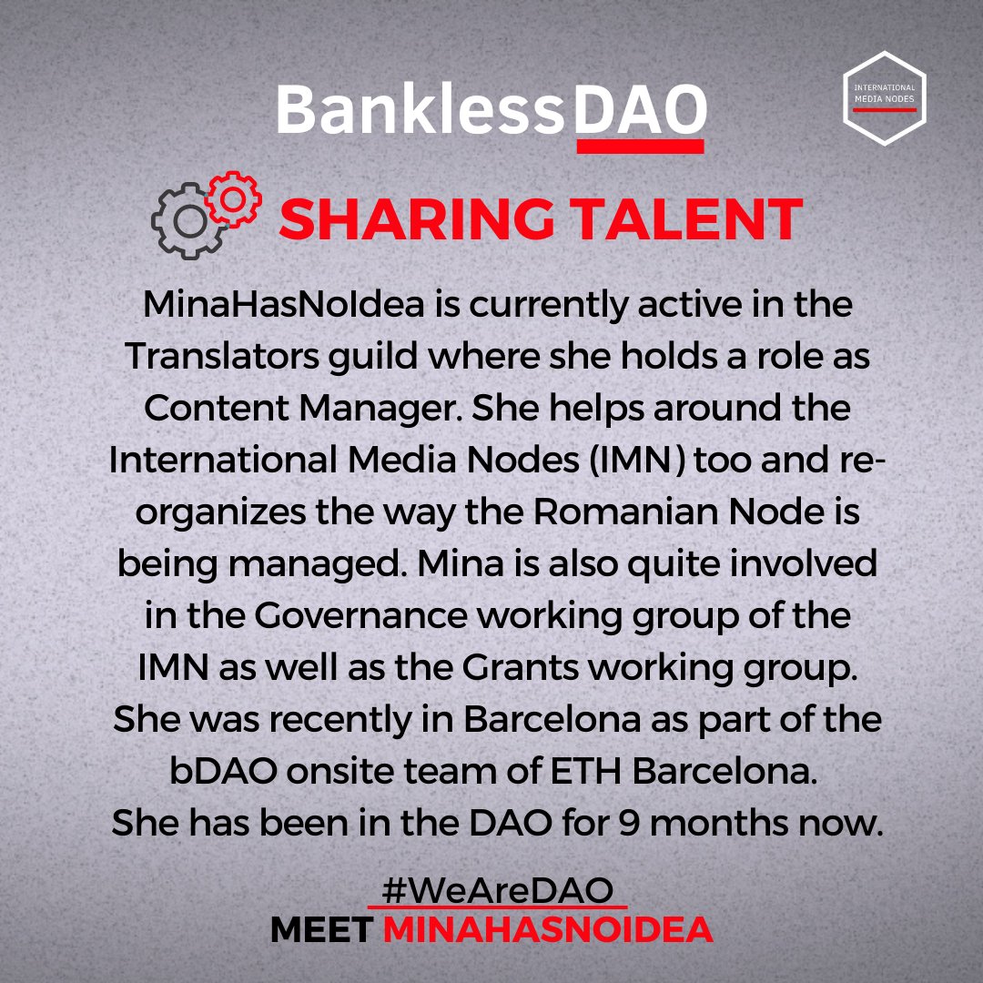 IMNbankless's tweet photo. #WeAreDAO is honored to present a contributor of powerful female energy. Remember that breath-taking, award-winning essay on "The Rise of DAO Culture"? Yeah, that was hers. She is also a language champion, a role holder, and a super helpful and friendly person. @MissHaveNoIdea ❤️ https://t.co/OIiKpaTZAh