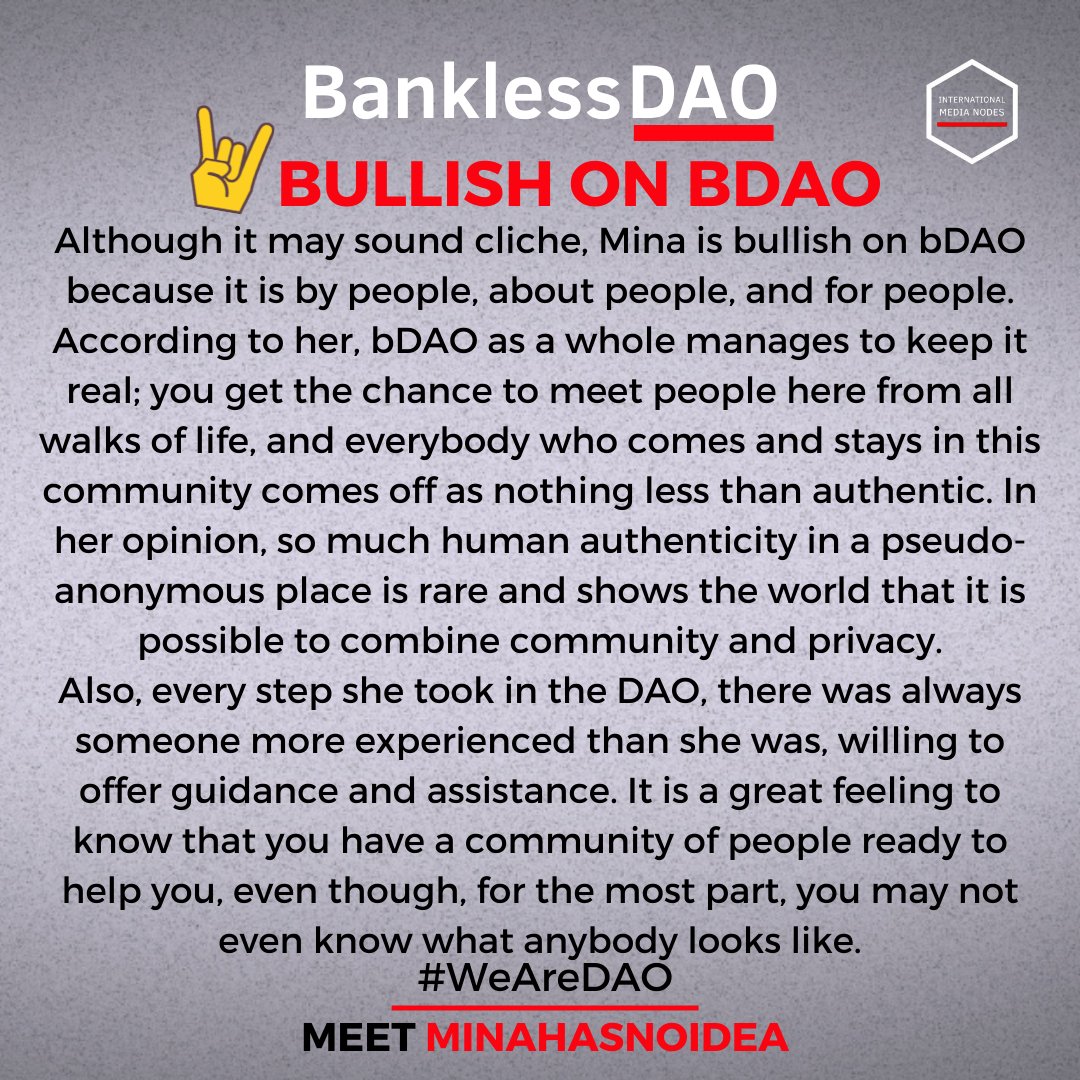 IMNbankless's tweet photo. #WeAreDAO is honored to present a contributor of powerful female energy. Remember that breath-taking, award-winning essay on "The Rise of DAO Culture"? Yeah, that was hers. She is also a language champion, a role holder, and a super helpful and friendly person. @MissHaveNoIdea ❤️ https://t.co/OIiKpaTZAh