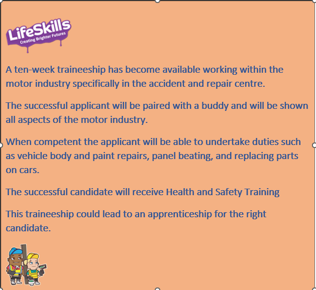 Lifeskills have a fantastic traineeship for a well motivated and willing to learn young person.
If you think this opportunity is right for you then give our Work Placement Officer Jan a call on 01502 512839 or you can send Jan and email on  jan.parker@learnaliving.co.uk