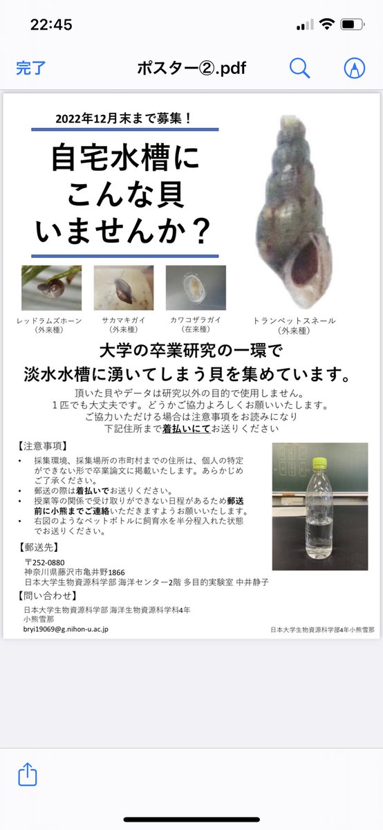 yamagemedaka's tweet photo. 🆘拡散希望&amp;お願い🆘
皆様も良く見るスネール等(貝類)を知人が大学の研究で集めています‼️多ければ多いほど助かります‼️
どうか皆様の家庭にいて処理に困っているスネールを捨てるのではなく助けると思って送っていただけますでしょうか🙇
ご協力お願い致します🙇
詳しくはポスターをお読み下さい🙇 https://t.co/aoA27LY14f
