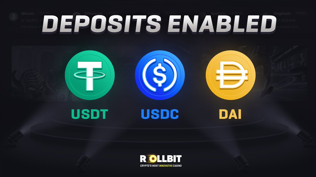 New deposit methods added to Rollbit! 💸

You can now deposit via:
- $USDT
- $USDC
- $DAI
- $APE

To celebrate we're giving away $5,000! 🤑

To be in with a chance of winning, simply follow &amp; RT.

There will be 10 winners, $500 each!