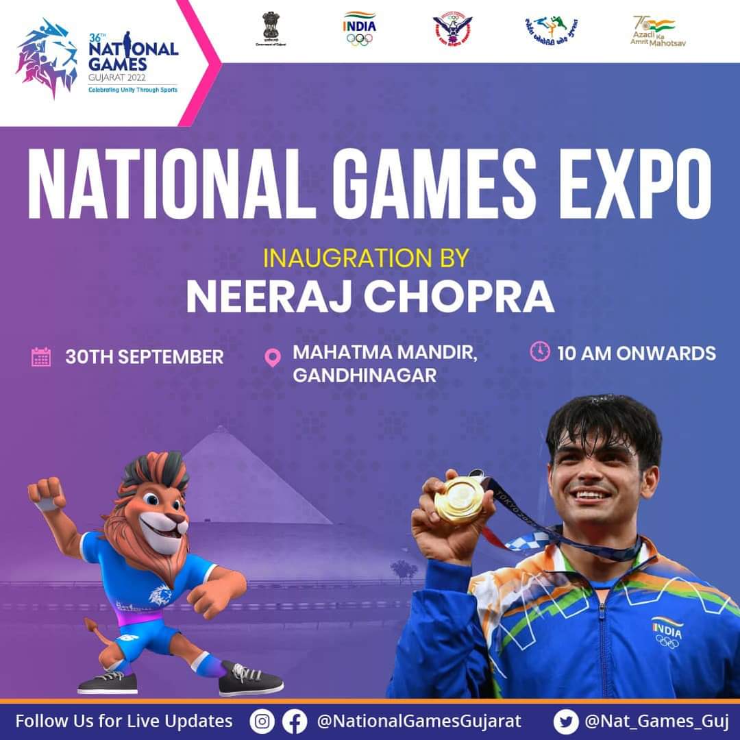 DrArjunsinhRana's tweet image. Neeraj Chopra ji, India’s Golden boy, will inaugurate the #NationalGames Expo tomorrow.

#36thNationalGames  #UnityThroughSports #JudegaIndiaJitegaIndia #AaapniGames2022 #GujaratTamariRahJueChe #GetSetGujarat  #AatmanirbharBharat #easeofdoingbusiness #greatthingstocome #Expo