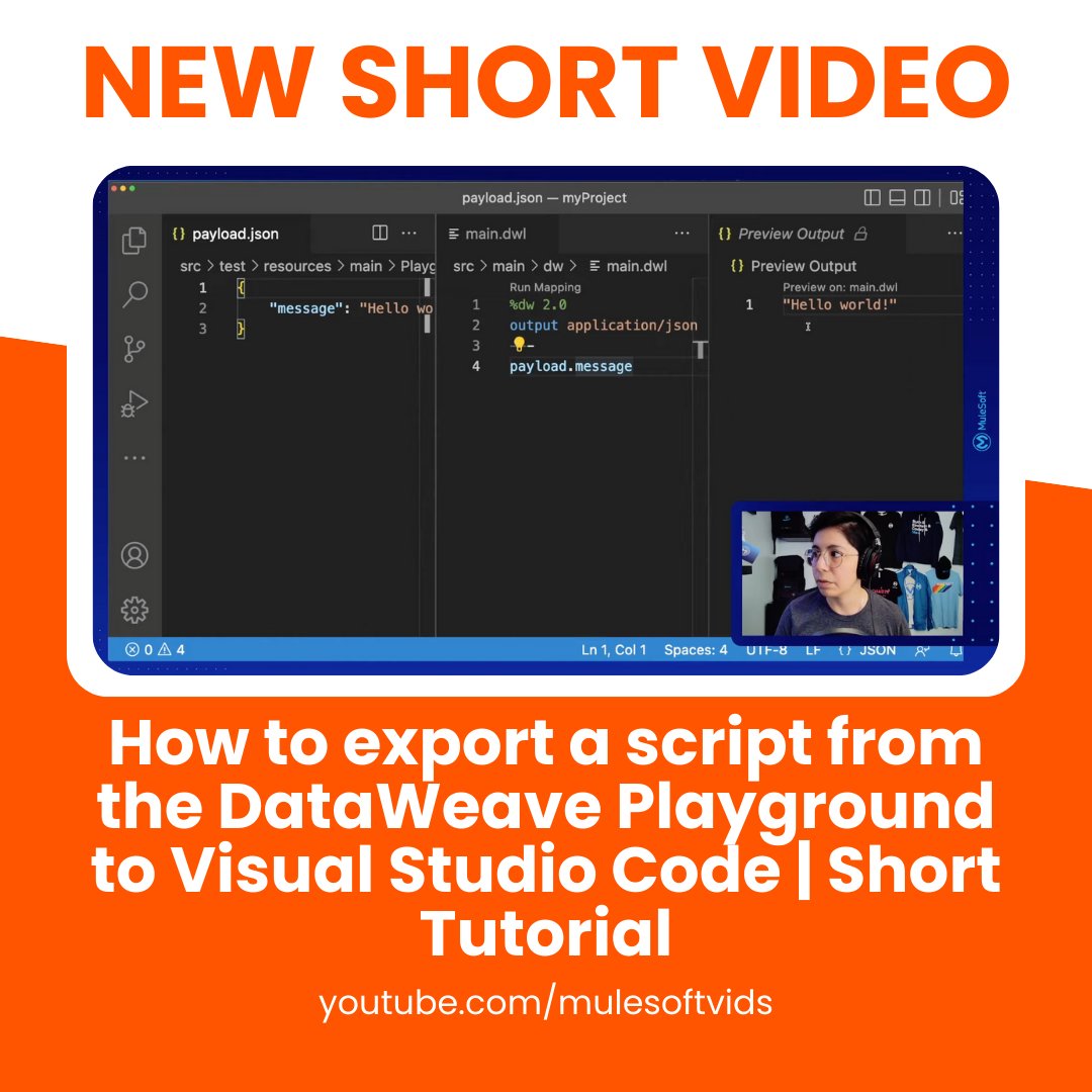 DevAlexMartinez's tweet photo. I dunno if you catched this short video tutorial I did some weeks ago. So here ya go ✨🙌✨

Learn how to export a script from the online DataWeave Playground to continue editing it in Visual Studio Code instead 😁

Check it out 👇
https://t.co/hyzFhmioFM https://t.co/vO5DttyTQo
