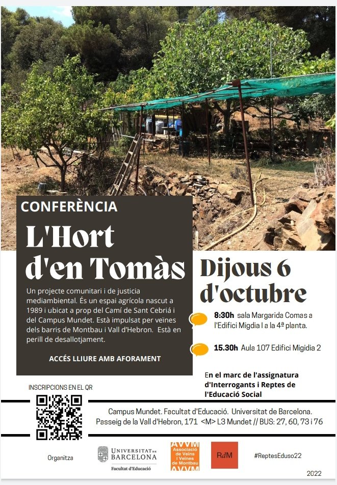 hortdentomas's tweet photo. La Facultat d'Educació de la UB ens convida a explicar el projecte comunitari i de justícia mediambiental de @hortdentomas , en el marc de l'assignatura d'Interrogants i Reptes de l'Educació Social. Esteu tots convidats @EducacioUB @dlaecollserola @barrismuntanya @CoordinadoraHG https://t.co/K2hM8rxG4Q