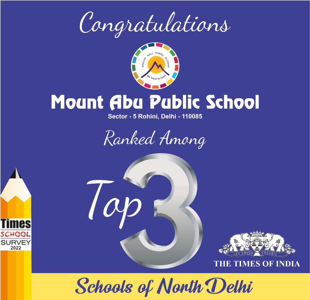 MtAbuSchool's tweet photo. Times of India | North Delhi Leaders : Rank 3 

Congratulations Learning Community. 

With every year, Mount Abu School is #SettingTrends, #DefiningStandards, #RaisingBars and #InspiringLeaderships. 

All set to ‘Redefine The Future’ with our #Vision21stCentury. https://t.co/qjZoWNwbes