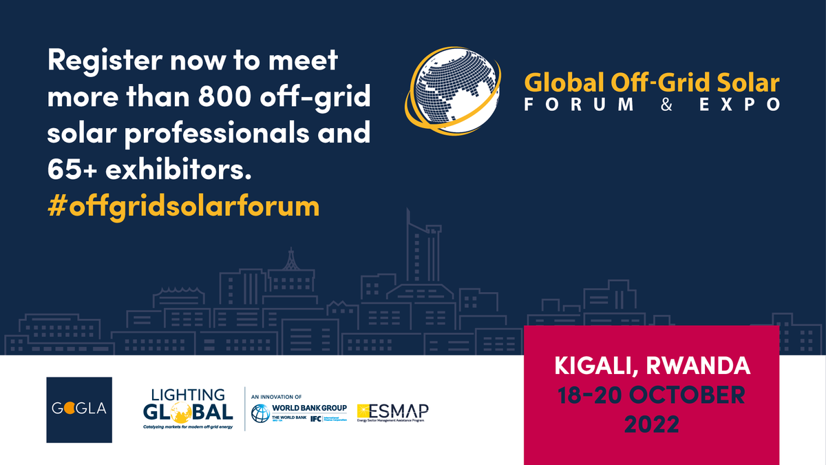 Want to meet the pioneers in #offgridsolar energy? 

Join us from 18-20 October 2022 in Kigali for the 2022 edition of the #offgridsolarforum! We're gearing up for 3 days of exciting discussions and networking opportunities.

Register today! bit.ly/3kmfsWP
