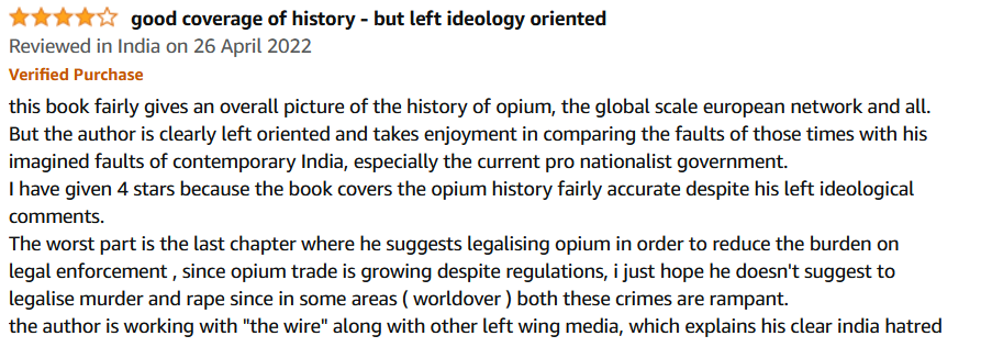 amazon review of opium inc where I get 4 stars despite my "clear India hatred" lol