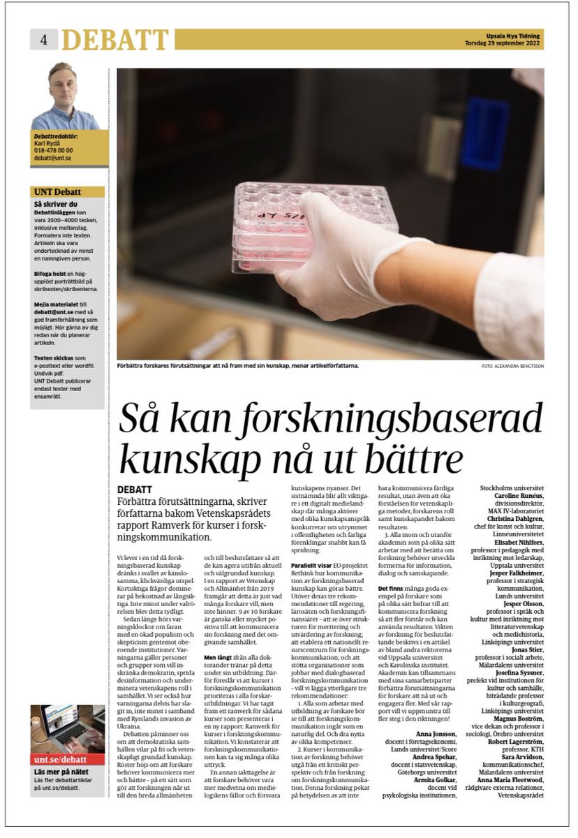 phdannajonsson's tweet photo. Många är lärdomarna från våra samtal om #forskningskommunikation - och hur vi tillsammans (!) kan förbättra förutsättningarna för hur vi kan stå upp i kampen om kunskap! Debattinlägg i @untse om tre av dessa. Tack för viktigt intiativ @Vetenskapsradet #fokom #fopol #forskning https://t.co/C3J89fPIaf
