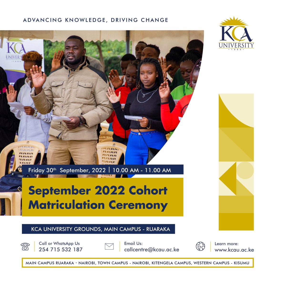 kcauniversity's tweet photo. Congratulations on your admission! We look forward to welcoming you to our community this Friday at KCA University, Main Campus. This is the beginning of your new chapter and adventure in life. #NoLimitsAnywhere https://t.co/TWPWcWSpPY