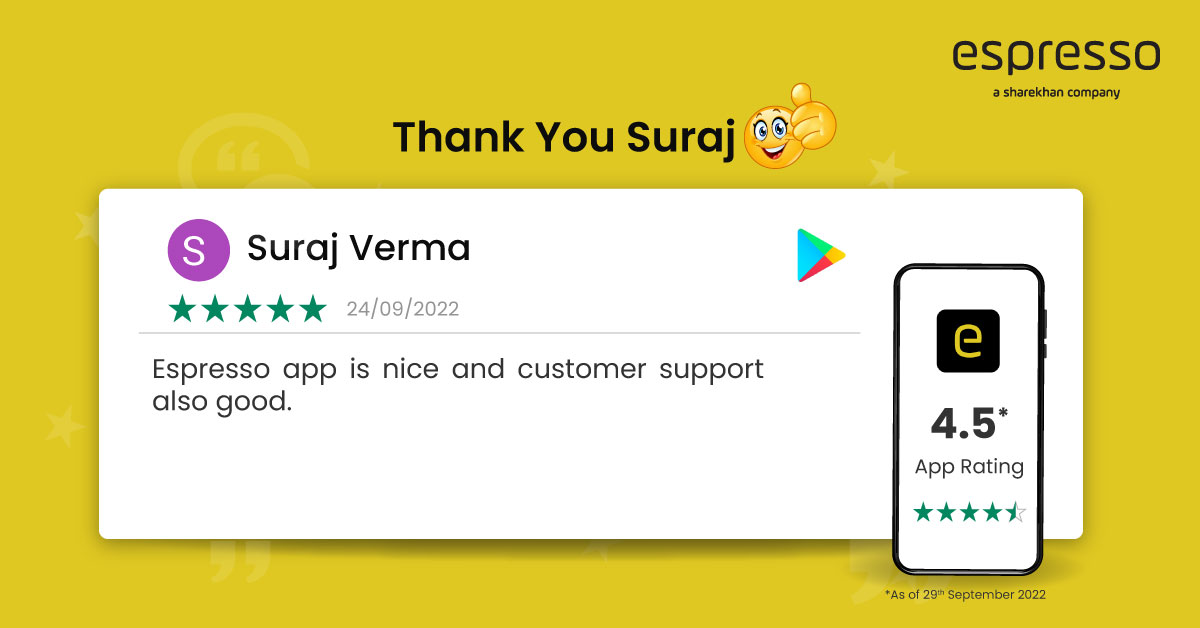 espressoinvest's tweet photo. #ThankYou Suraj🙏Reviews like this keep us going!

#PositiveReviews #HappyCustomer #Customer #AppReview #App #BingeApp #AppDownload #EspressoInvest #MyEspresso #Trading #Investing #StockMarket #StockMarketIndia #customerspeakss #Review #socialmediaexpert https://t.co/Tll43QoO2K