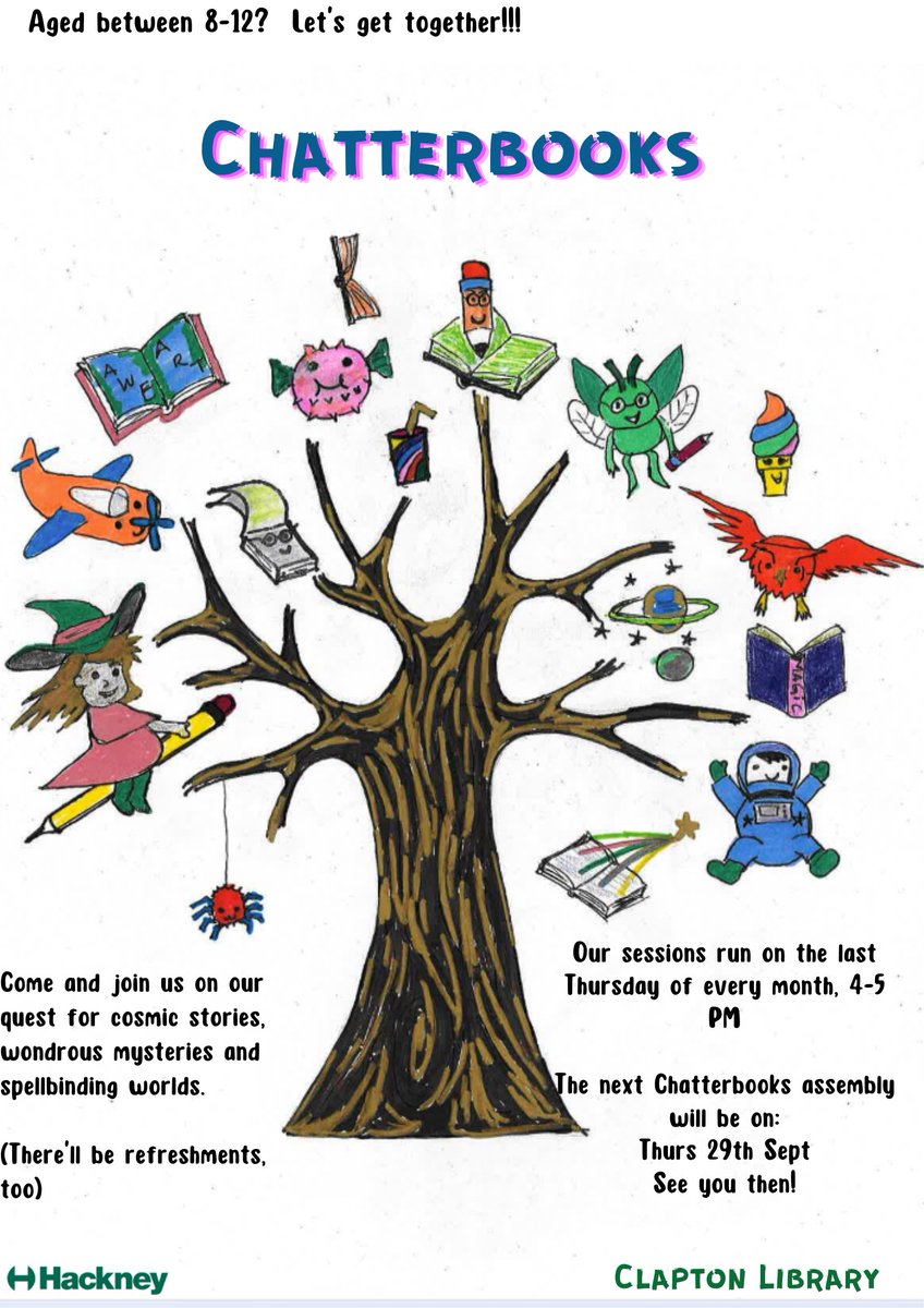 hackneylibs's tweet image. Join us at Clapton Library today for our monthly Chatterbooks sessions.  If you&apos;re between 8 &amp;amp; 12  We&apos;d love to see you! #KeepReading  #ClaptonLibrary #Chatterbooks