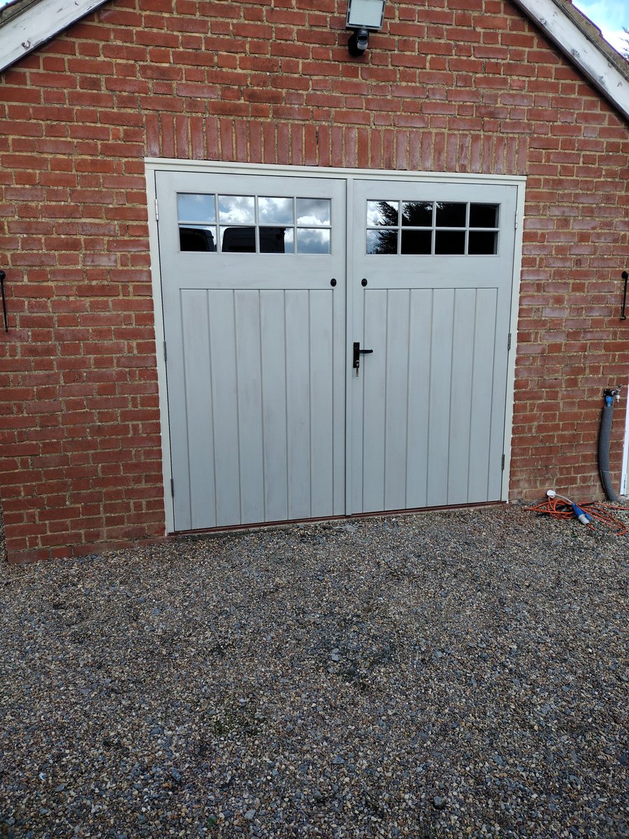 A beautiful pair of Garage Doors and Frame fitted this week.
These replace an old rotten set which were very flimsy. Our new doors &amp; frame are much sturdier and built to last.
Fitted primed for the customer to finish decorating. 
All ironmongery supplied by <a href="/Coastal_Group/">Coastal Group</a> 
😃