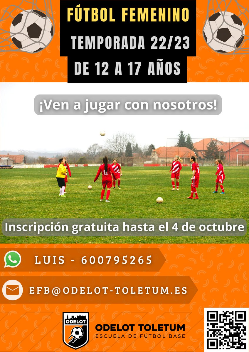 ¡Ven a jugar al fútbol a Odelot Toletum! Hemos abierto las inscripciones para el fútbol femenino. La inscripción es gratuita y hay tiempo hasta el 4 de octubre para anotarse. 
¡Podrás conocer gente nueva, entrenar y divertirme mucho!
#OdelotToletum
#FutbolFemenino
#FutbolenToledo