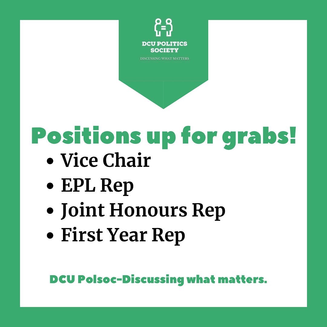 📢EGM Alert📢
Our EGM will take place on Wednesday 5th Oct @ 6:30pm in CG01 (Henry Grattan) 
Take a look at what positions are available!
We can’t wait to see you all there😊
<a href="/LawGovDCU/">Law and Gov DCU</a>