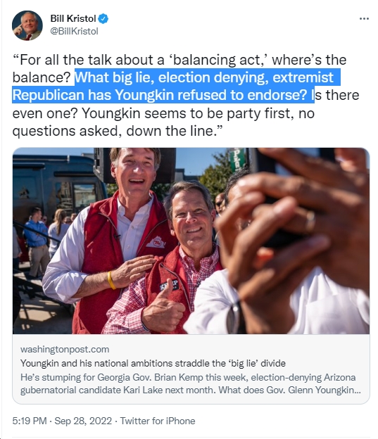 Another question is why the WaPo keeps minimizing/brushing off the extent of Youngkin's extremism and won't ditch its false narrative that Youngkin's some sort of 'moderate' who's great at 'balancing,' blah blah blah? bluevirginia.us/2022/09/thursd… h/t @BillKristol