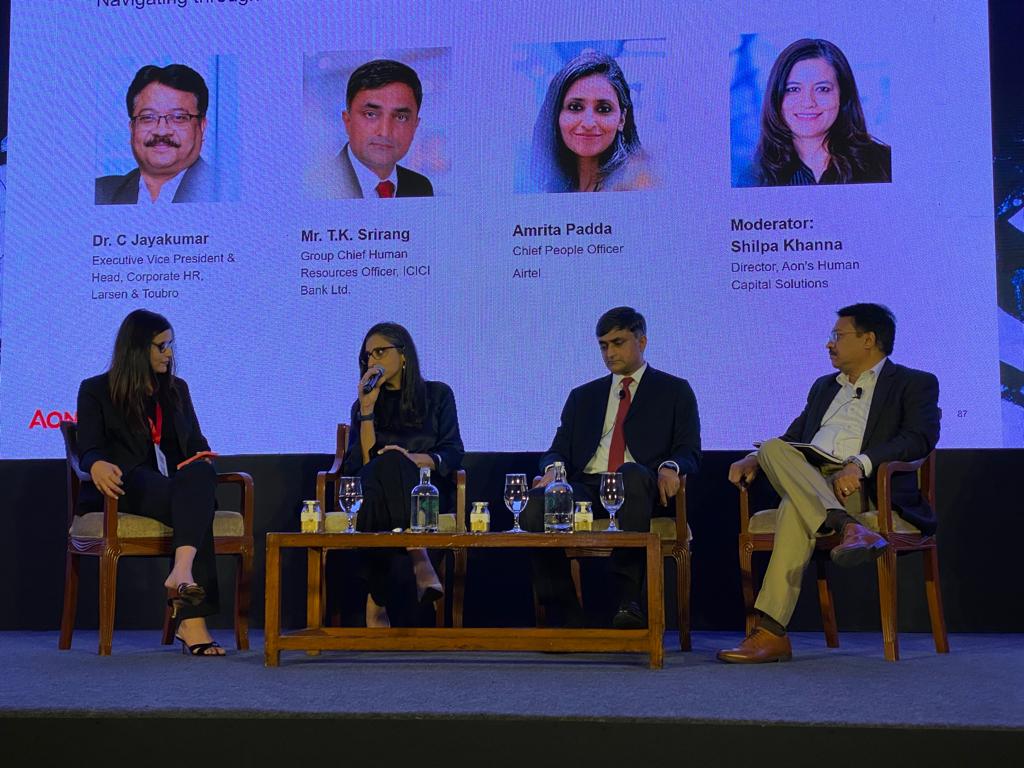 Dr. C. Jayakumar, T.K. Srirang, Shilpa Khanna, & Amrita Padda keep the audiences engrossed with their stimulating panel discussion on Navigating through a Volatile Talent Landscape using Total Rewards at Aon India's 16th Annual Rewards Conference 2022. #AonRewardsConference2022