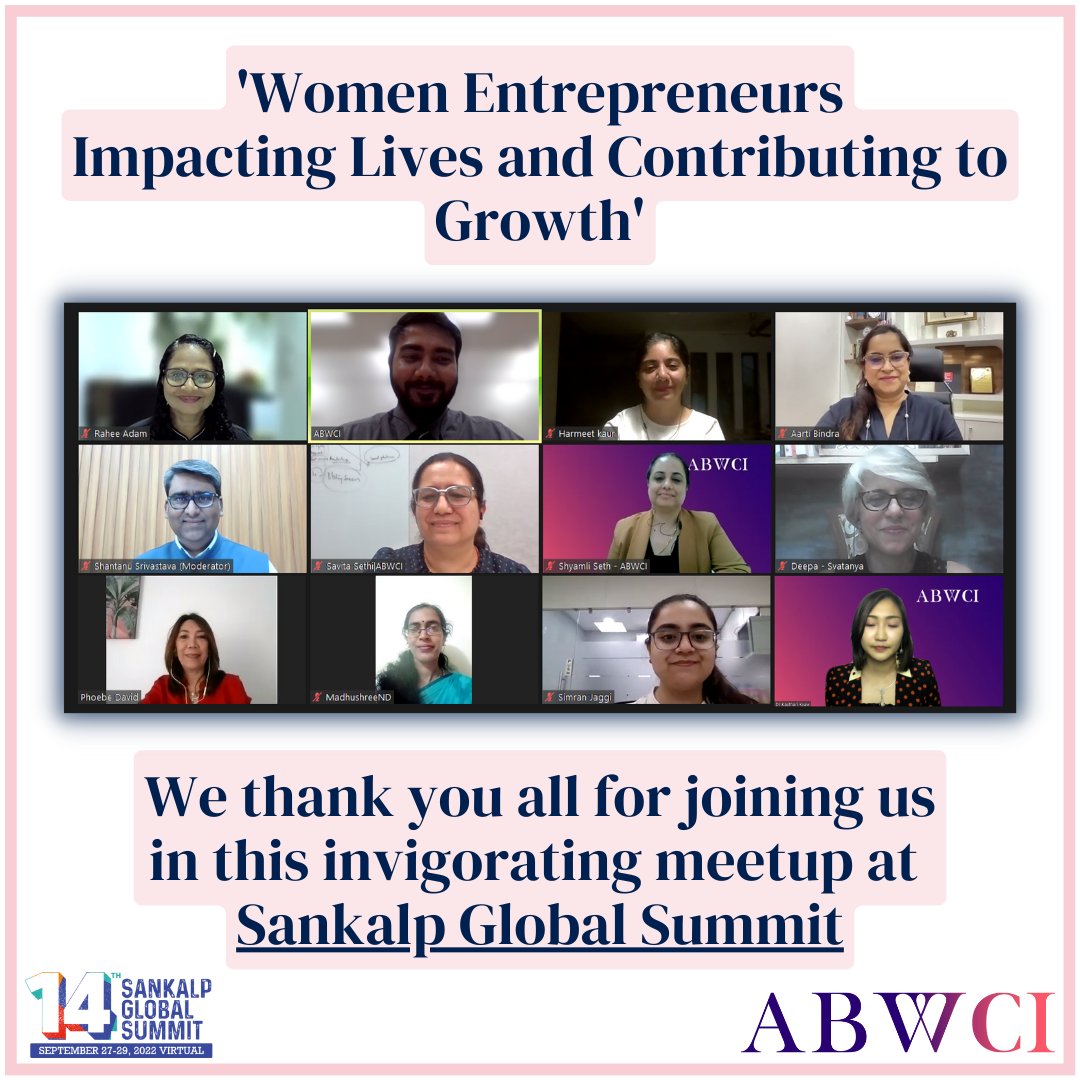 ABWCI would like to thank the audience for joining us on September 28, 2022 for our session on ‘Women Entrepreneurs - Impacting Lives and Contributing to Growth’

Thank you for being a part of the event and making it successful.
.
.
.
#ABWCI #SankalpGlobal2022 #TransformingImpact