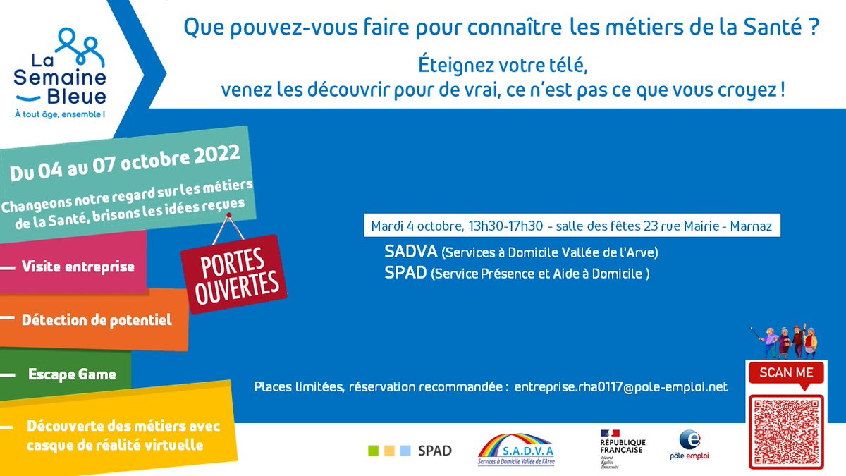 TISSERANDMASSAR's tweet photo. [#Semainebleue] Changez votre👁️sur les métiers du Soin, Accompagnement &amp; Handicap.
Stop aux idées reçues ‼️ 
Portes ouvertes #SADVA &amp; #SPAD⤵️
1⃣animation caques réalité virtuelle
1⃣Escape Game pour découvrir les métiers 
1⃣Détection de vos Potentiels à exercer dans ces secteurs https://t.co/bkVEnVPeVy
