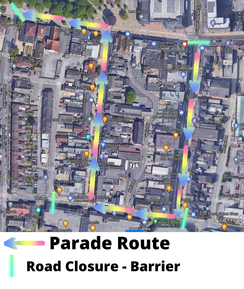 Closed roads in Eastleigh on Saturday morning 1st October for the rescheduled Eastleigh CIC Pride Parade - <a href="/EastleighPrideC/">EastleighPrideCIC</a> 
Please see map for full details. The roads will be closed from 7.30am until after the parade has passed through. The parade starts at 11.15am.