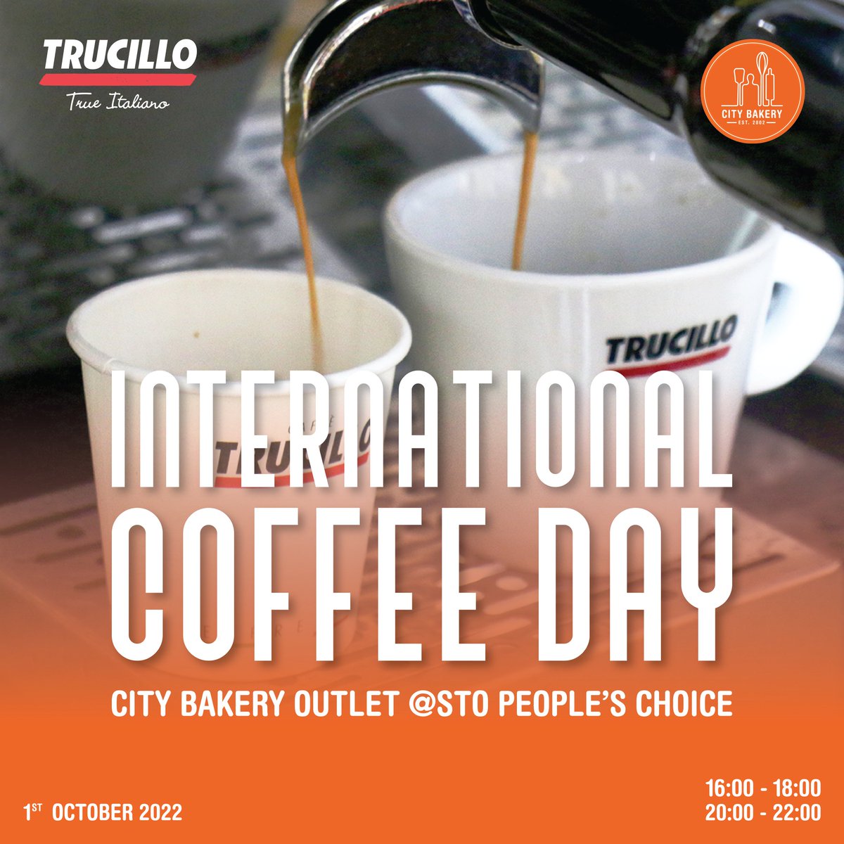 It's INTERNATIONAL COFFEE DAY on 1st October! ☕️

Join us for FREE Coffee tasting this Saturday at our City Bakery Outlet at STO People’s Choice from 16:00 to 18:00 &amp; 20:00 to 22:00.

Come &amp; enjoy premium Italian coffee blends. Bring a friend! 😁