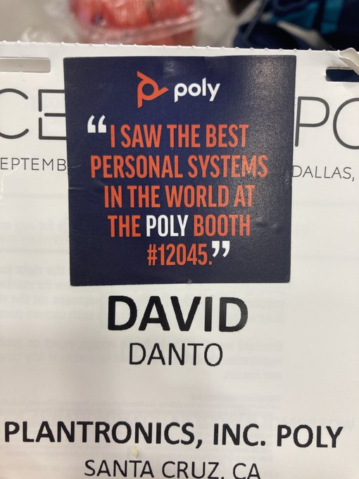 NJDavidD's tweet photo. If you're attending @CEDIAExpo / #CEDIA22 stop by the Poly booth (12045) and get a sticker put on your badge (or bag or shirt or whatever.) 

We'll send a spotter out onto the floor once a day.  If you're the first person seen wearing it you'll win a  Poly P5 / Sync 20 #WFH kit! https://t.co/5syT71UfKf