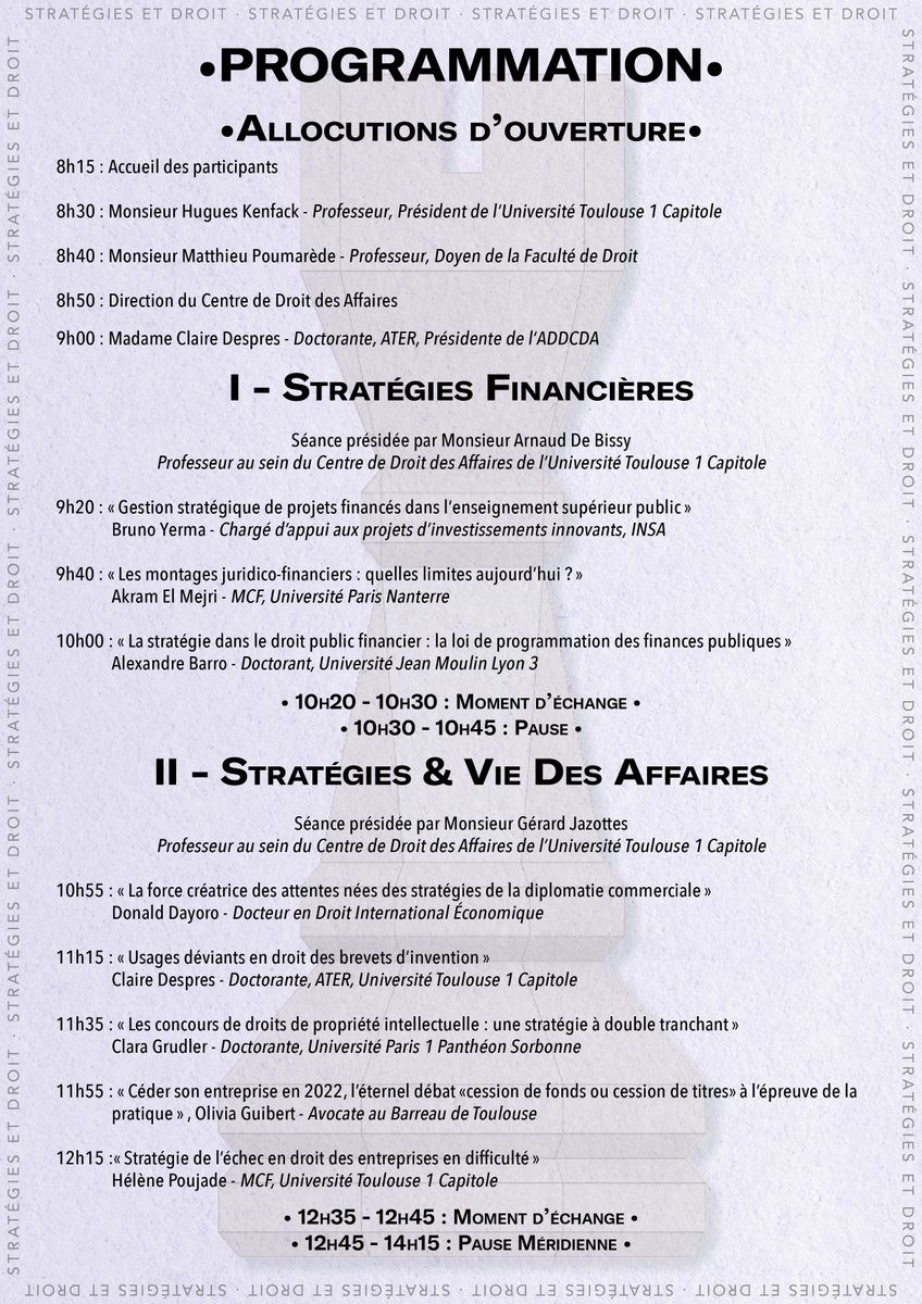 ADDCDA_UTCAP's tweet photo. Nous sommes très heureux de vous proposer de nous retrouvez dans le cadre du #colloque annuel de l'#ADDCDA.
Cette année le thème sera celui de "Stratégies et Droit",
Nous vous attendons nombreux le 20 octobre 2022 à l'Université Toulouse 1 dès 8h30 ou en ligne https://t.co/xieqHjTf9p