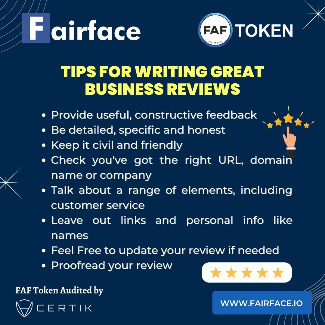FAFToken's tweet photo. Tips for writing Great Business Reviews
Join Us:
https://t.co/burZHu3IKf
#review #businessreview #fairfacereview #digitalreview #onlinereview $FAF #fairface #faftoken #reviewplatform #defi #definetwork #defiplatform #cryptotoken https://t.co/IzPx1kUpSw