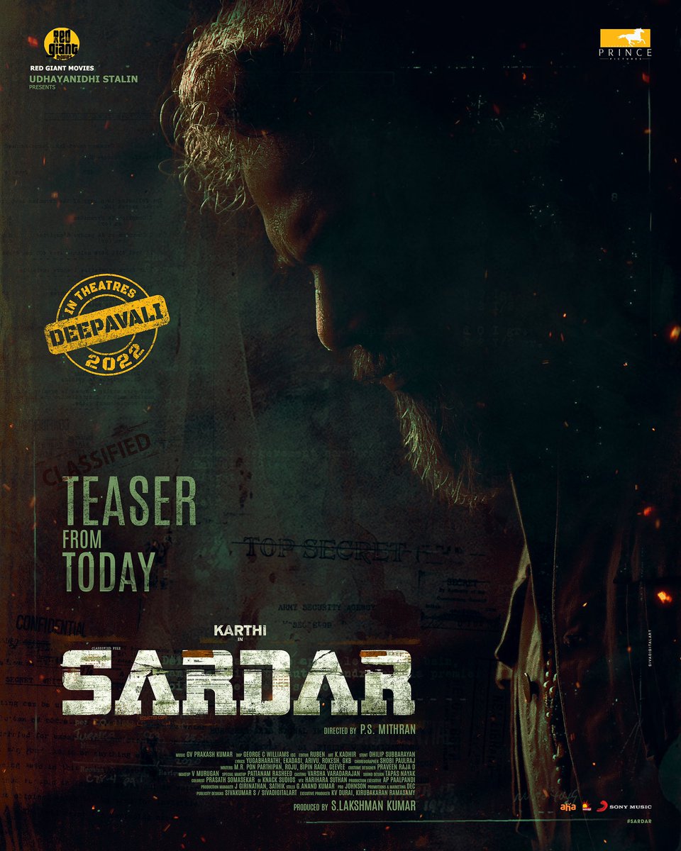 Get ready for the first glimpse of #SardarDeepavali 🔥🔥 #SardarTeaser releases today @Karthi_Offl @Prince_Pictures @Udhaystalin @Psmithran @gvprakash @RaashiiKhanna_ @lakku76 @rajishavijayan @ChunkyThePanday @george_dop @AntonyLRuben @dhilipaction @SonyMusicSouth