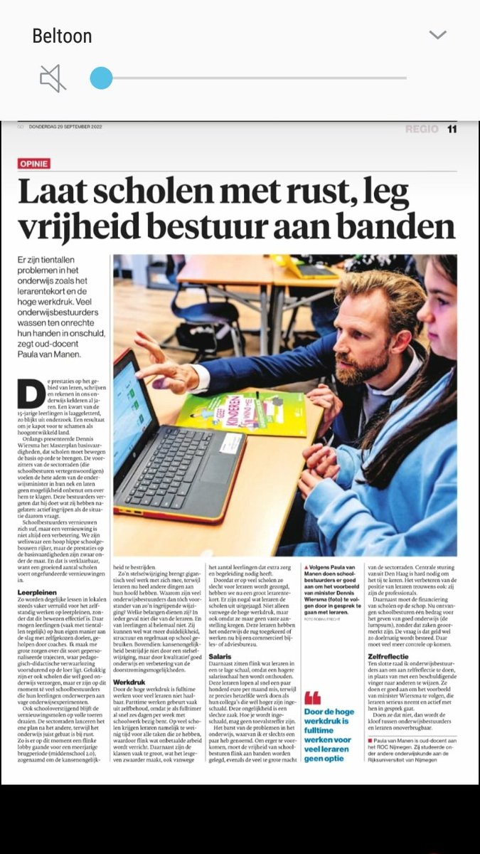 Vandaag staat mijn #opiniestuk in <a href="/DeGelderlander/">De Gelderlander</a>. 
Over vernieuwingen, de hoge werkdruk, het lerarentekort en inschaling van leraren.
"Om erger te voorkomen, moet de vrijheid van schoolbesturen flink aan banden worden gelegd, evenals de veel te grote macht van de sectorraden."