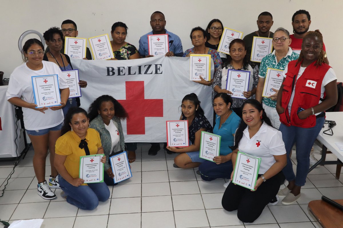 A_Kestens's tweet photo. Sixteen Red Cross volunteers and staff from across Belize were trained on Sept 15-18, 2022 in #communications, community engagement and accountability (CEA) and #protection, #genderand #inclusion (PGI) , as part of an ECHO-supported initiative organized by the @ifrc. https://t.co/xzAz16bYP7
