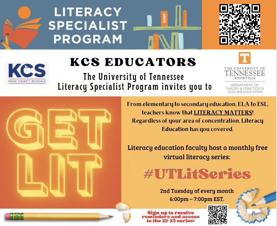 utkLiteracy's tweet photo. From elementary to secondary education, ELA to ESL, teachers know that LITERACY MATTERS! Regardless of your area of concentration, Literacy Education has you covered.

Literacy education faculty host a monthly free virtual literacy series: #UTLitSeries

Watch now on Youtube. https://t.co/z1YLLwJsI5