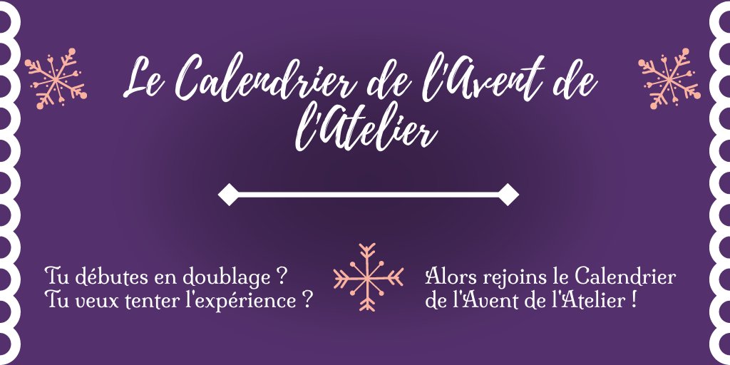 Tu débutes en doublage ? Tu veux tenter l'expérience ? Tu n'as jamais eu l'occasion de te lancer, et tu voudrais être accompagné.e ?
Alors rejoins le Calendrier de l'Avent de l'Atelier, ou tu pourras réaliser un doublage, encadré par les passionnés du collectif !

#doublage #dub