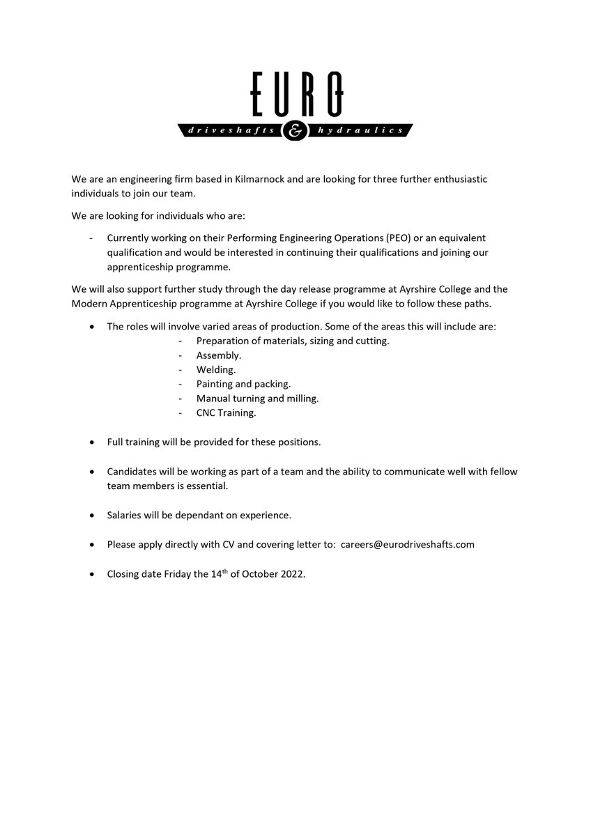 DYWAyrshire's tweet photo. Apprenticeship Opportunities 📢

Euro driveshafts &amp; hydraulics are hiring and are looking for three enthusiastic individuals to join their team! 😁

Apply directly with CV and covering letter to: careers@eurodriveshafts.com

⭐ Closing date Friday 14th October

Find out more ⬇️ https://t.co/iIijlp6QZ1