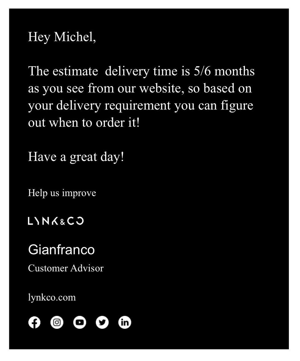 MichelFrissen's tweet photo. A great example of excellent customer service (not 😅). Answer by @LynkCoGlobal on my question ‘when I should order if my current car lease contract ends in March 2023..’ thanks Gianfranco 👍😊 #CustomerService https://t.co/y5jbM2SkyH