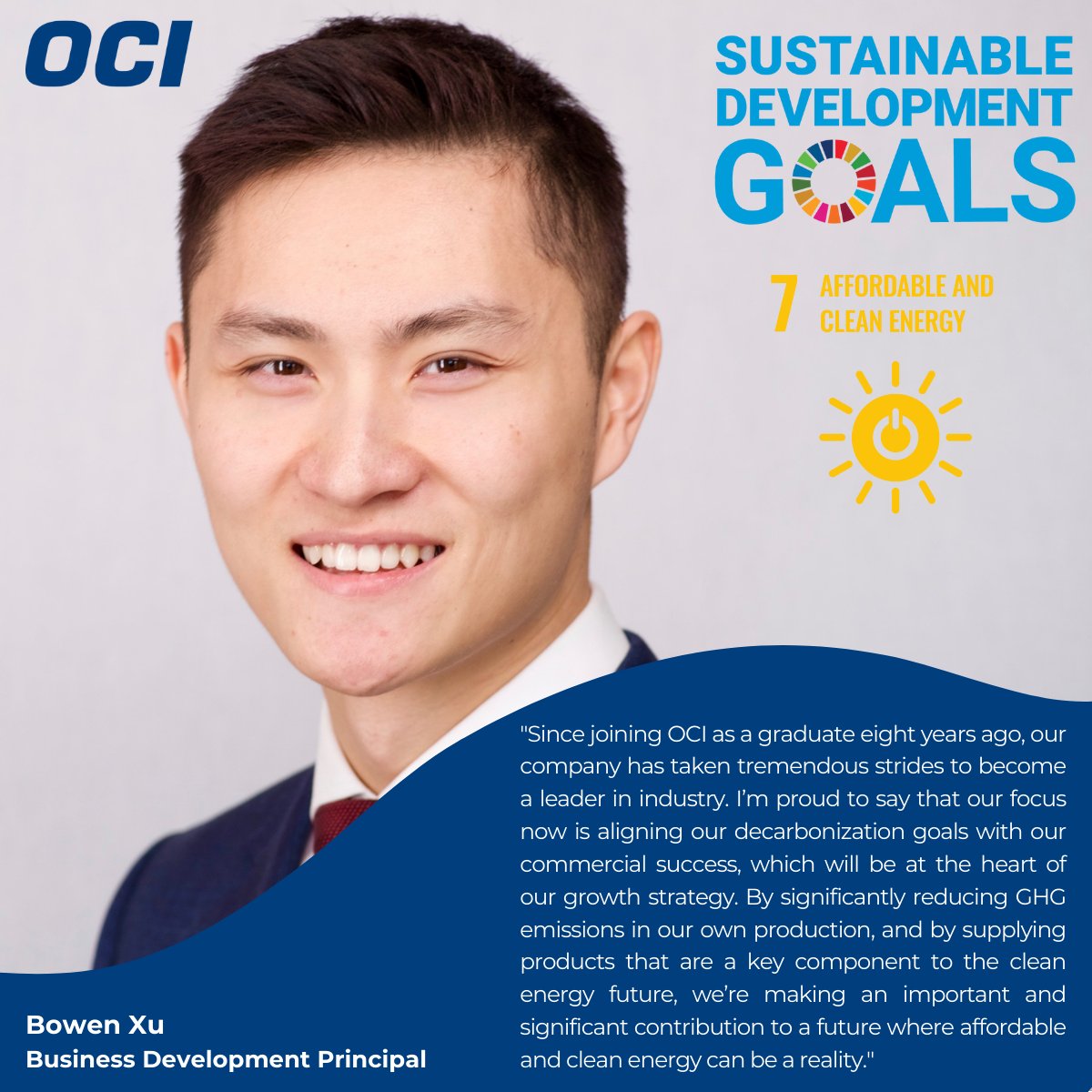 Alongside the <a href="/globalcompactUK/">UN Global Compact Network UK</a> OCI is raising the #SDG flag. Our two core products, ammonia and methanol, are the most effective carriers of green hydrogen and can help decarbonize around 90% of today’s greenhouse gas emissions. 

Visit OCI: oci.nl