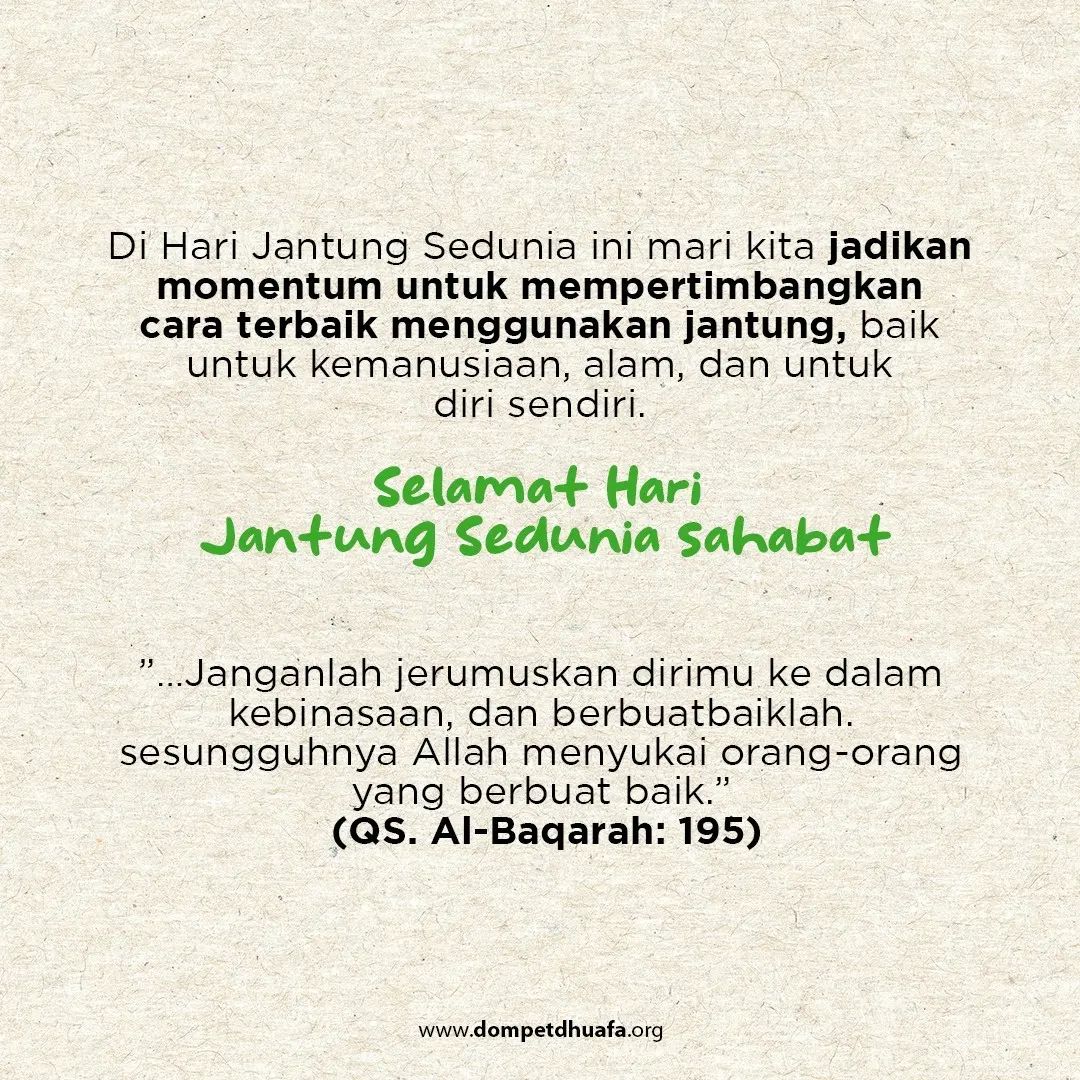 dompetdhuafaorg's tweet photo. 3. Selamat Hari Jantung Sedunia!❤

#harijantungsedunia #kardiovaskular #sayangijantungmu #ddedukasi #dompetdhuafaorg #jadimanfaat https://t.co/FMt9qwjFDa