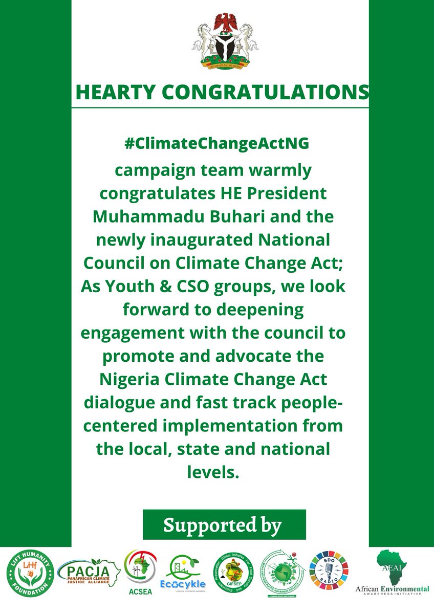 aliyusadiq_gky's tweet photo. #ClimateChangeActNG campaign team warmly congratulates HE President @MBuhari and the newly inaugurated National Council on Climate Change Act; As Youth &amp; CSO groups, we look forward to deepening engagements for people-centered implementation @MohdHAbdullahi @FMEnvng @ecocykle https://t.co/9PUZFWaYML